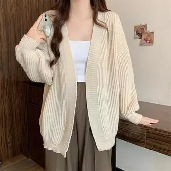 Осень и зима однотонный свободный повседневный вязаный свитер куртка женская мода винтажный женский кардиган с V-образным вырезом топы элегантные простые женские кардиганы 25213 One Size хаки