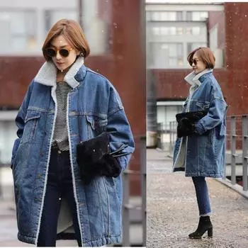 Осень и зима Плюс Бархатная джинсовая куртка Утолщенная джинсовая куртка средней длины из овечьей шерсти и хлопка для женщин XXXL синий