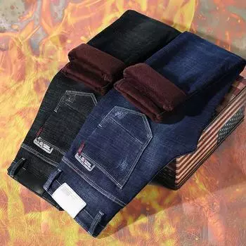 Осень и зима плюс бархатные толстые джинсы мужские модные брендовые облегающие эластичные маленькие прямые брюки мужские брюки 28 чёрный