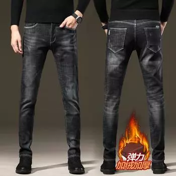 Осень и зима плюс бархатные толстые джинсы мужские модные брендовые облегающие эластичные маленькие прямые брюки мужские брюки 28 темно-синий