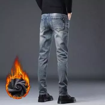 Осень и зима плюс бархатные толстые мужские джинсы с короткими штанинами облегающие эластичные брюки модные универсальные повседневные мужские брюки 27