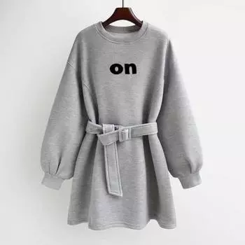 Осень и зима Плюс Бархатный стиль Вестерн Универсальный свитер с длинными рукавами Свободный свитер средней длины Платье-пиджак с поясом Топ для женщин XXXL белый