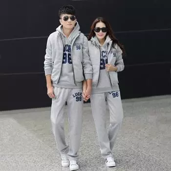 Осень и зима плюс бархатный толстый свитер мужской костюм из трех частей с капюшоном и принтом XXXXL серый