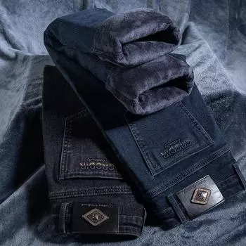 Осень и зима плюс плюшевые толстые/обычные джинсы мужские деловые свободные прямые брюки модные трендовые повседневные мужские брюки 29