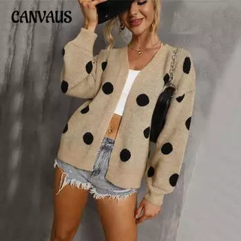 Осень и зима плюс размер свитер женский кардиган в горошек вязаная куртка