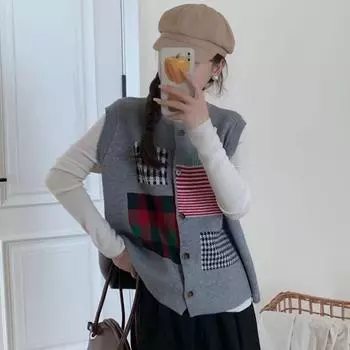 Осень и зима Плюс Размер Женский клетчатый безрукавный жилет с цветными блоками свитера вязание оверсайз повседневный стиль свободный свитер One Size кофейный