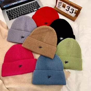 Осень и зима повседневный теплый вязаный поющий уличный хип-хоп дыня кожа поющий теплый простой вышитая буква W шерсть поющий M56-58cm хаки