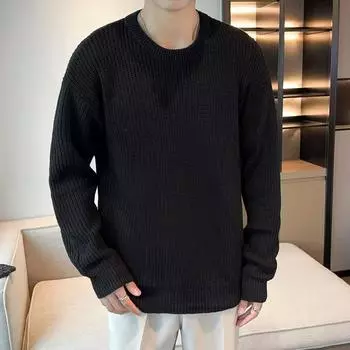 Осень и зима прилив однотонный цвет внутри круглый вырез мужской свободный повседневный ретро тренд вязаный свитер топы плюс размер XXXL чёрный