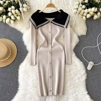 Осень и зима японский колледж ветер темно-синий воротник на одно плечо тонкий комплект бедра трикотажное платье