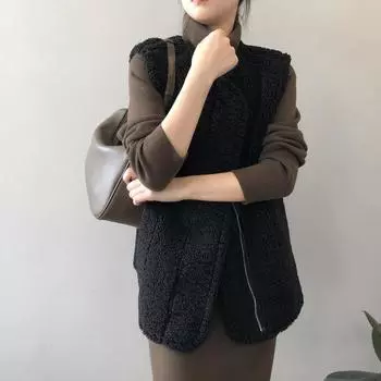 Осень и зима японский новый жилет из овечьей шерсти женская одежда жилет куртка корейская версия свободный жилет с обеих сторон носить S чёрный