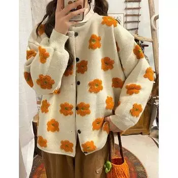 Осень и зима японский сладкий трехмерный цветок замедляющий старение свитер женский осенний французский мягкий восковой ленивый ветер девичий кардиган куртка S