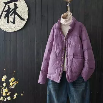 Осень и зима ретро литературно-художественный легкий и тонкий короткий стоячий воротник пуховик женский свободный хлеб куртка пуховик медная пряжка S хаки