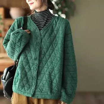 Осень и зима ретро мода литературный ромбический короткая куртка кардиган повседневный внешний хлопок женщины XS кофейный