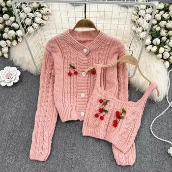 Осень и зима, ретро, темперамент, круглый вырез, свободный вишневый льняной узор, короткая камзол, вязаный свитер, куртка