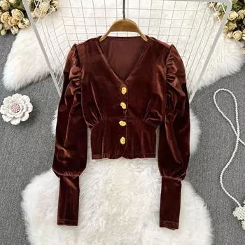 Осень и зима, ретро, темперамент, пузырь, длинный рукав, v-образный вырез, однобортная талия, тонкая бархатная рубашка в стиле канарейки, короткая стильная куртка