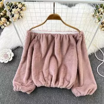 Осень и зима, ретро, темперамент, волосатый свитер с открытыми плечами и короткой талией, повседневная рубашка с длинными рукавами