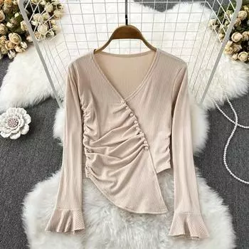 Осень и зима ретро темпераментная труба с длинным рукавом с крестом и V-образным вырезом тонкая складная футболка женская иностранная газовая нерегулярная короткая футболка