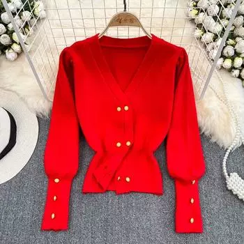 Осень и зима Ретро темпераментный пузырь с длинными рукавами и v-образным вырезом, двубортный пояс, тонкий вязаный свитер, женская повседневная блузка