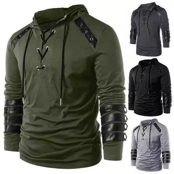 Осень и зима с капюшоном мужская кожаная повседневная индивидуальная модная толстовка с капюшоном в стиле пэчворк для мужчин с капюшоном на ремне L армия зеленый