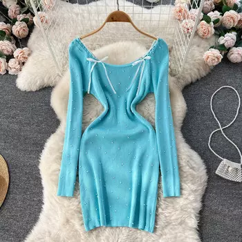 Осень и зима с тяжелым бантом из бисера, сексуальное вязаное платье с ключицей Pure Desire Wind Package, модное трикотажное платье для девочек One Size чёрный