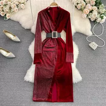 Осень и зима с V-образным вырезом на талии и тонкое бархатное платье-трапеция средней длины с яркой шелковой строчкой и разрезом M чёрный