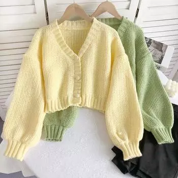 Осень и зима сладкий и нежный ленивый ветер V-образным вырезом с длинными рукавами и рядами пуговиц Вязание однотонного короткого свитера