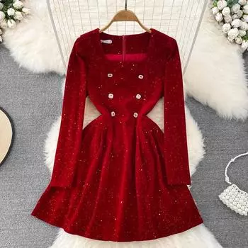 Осень и зима, сладкий и пряный стиль, ретро, квадратный воротник, блестящая талия, тонкое канареечное бархатное платье