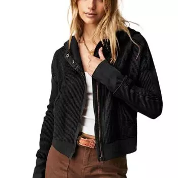 Осень и зима Splicing Hoodie Женская укороченная куртка с длинным рукавом Topas Streetwear Повседневная куртка с капюшоном на молнии для женщин XL чёрный