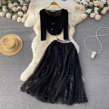 Осень и зима средней длины, сетчатая полуюбка с вышивкой и нерегулярным v-образным вырезом на шнуровке, трикотаж, комплект из двух предметов