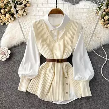 Осень и зима, свободная белая рубашка, блузка, женский дизайн, вязаный жилет с открытой вилкой, жилет, куртка Western Gas, два комплекта для снижения возраста One Size бежевый