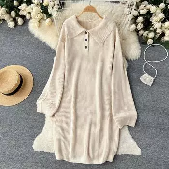 Осень и зима свободное свободное платье средней длины до колена с лацканами и пуговицами сексуальное Нижнее платье