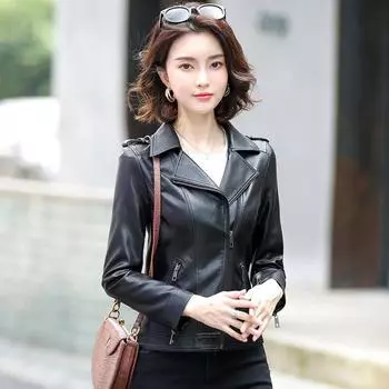 Осень и зима Темперамент Пригородный отдых Искусственная кожа Корейское издание Черный воротник-поло Облегающий крой с длинными рукавами Молния Без капюшона Без пояса Мех M