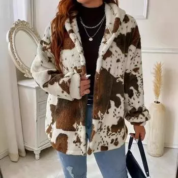 Осень и зима Temu Amazon Cross-Border Европейская и Американская женская одежда Модный плюшевый флисовый пуловер с капюшоном и принтом коровы для женщин S коричневый