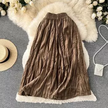 Осень И Зима Тисненые Плиссе Нишевый Высокая Талия Средней Длины Эластичная Талия Большой Клеш А-силуэт Половина Платья One Size