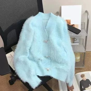 Осень и зима толстые и свободные искусственная норка вязаные укороченные топы женские мягкий кардиган бант розовый свитер повседневный трикотаж пальто One Size чёрный