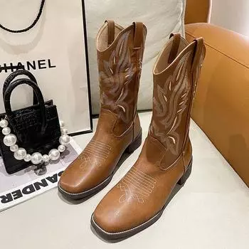 Осень и зима толстый каблук универсальные ковбойские сапоги в западном стиле вышитый рукав рыцарские сапоги ретро средняя голень квадратный носок сапоги 35