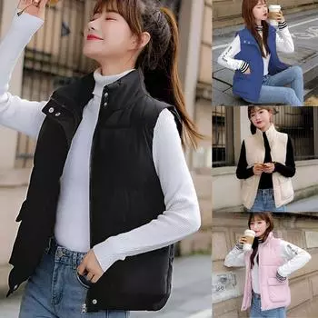 Осень и зима тонкий пуховый хлопковый жилет женский жилет без рукавов утолщенный короткий жилет куртка прямой версии с воротником-стойкой без капюшона M чёрный