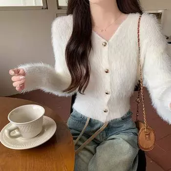 Осень и зима тонкий свитер-жакет с завышенной талией, топ из искусственного норкового бархата, мягкий восковой темперамент, высококлассный короткий вязаный свитер женский 412-152 (average size) белый
