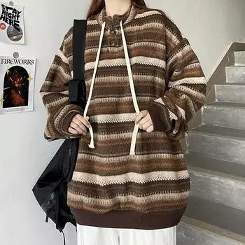 Осень и зима Винтаж Полосатые Свободные Пуловеры Женские Свитера Длинные Рукава Повседневные Большие Размеры Трикотажные Свитера Женские Модные O-образные Трикотажные Джемперы 25361 M темно-коричневого