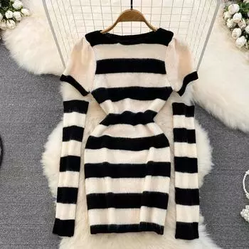 Осень и зима ВИНТАЖНЫЙ темпераментный круг с объемными рукавами, чтобы СОБРАТЬ талию и показать Вязаная сумка в тонкую полоску Платье на бедре