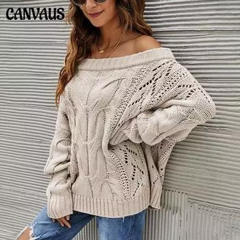 Осень и зима в Европе и США, свободный вязаный свитер без бретелек больших размеров с одним вырезом, однотонный женский пуловер S белый