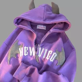 Осень и зима в стиле хип-хоп, готическая толстовка с капюшоном «летучая мышь», рог дьявола, готическая толстовка на молнии, пальто для пары S хаки