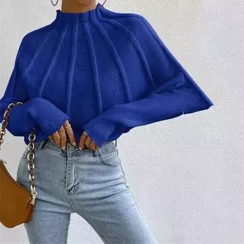 Осень и зима вязаная круглая водолазка свободный свитер женский пуловер джемпер повседневная модная теплая однотонная трикотажная одежда L чёрный