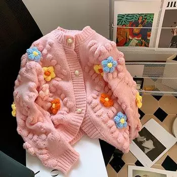 Осень и зима вязаный крючком кардиган свитер женский дизайн чувство трехмерного шара цветок вышивка кардиган one size розовый