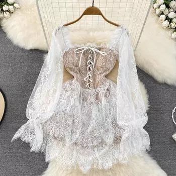 Осень и зима, высококачественное чувство ретро-темперамента, с квадратным воротником и талией, с длинными рукавами, тонкая кружевная юбка Peng Peng