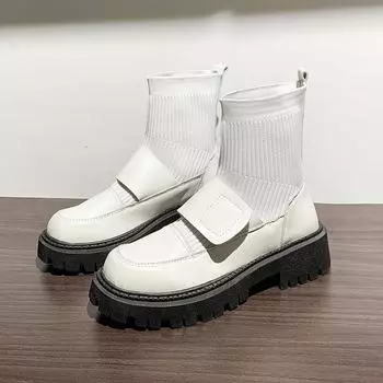 Осень и зима Женщины Сапоги Уличная мода Вязание Сшивка Короткие сапоги Мартин Сапоги Повседневные Сапоги для ходьбы 35 белый