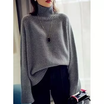 Осень и зима женские пуловеры вязаные свитера ретро водолазка свитер однотонный женский модный длинный рукав теплый свободный повседневный трикотажные джемперы 25255 S чёрный