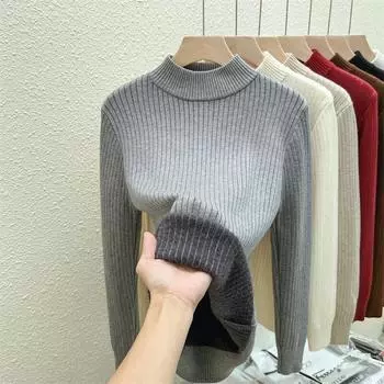Осень и зима женские толстые вязаные теплые плюшевые бархатные свитера с полувысоким воротом флисовый свитер для женщин модные повседневные облегающие джемперы 25199 S белый