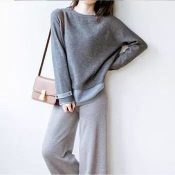 Осень и зима Женский ленивый ветер Старший чувство темперамента в нижней части ложный двухкомпонентный трикотаж S серый