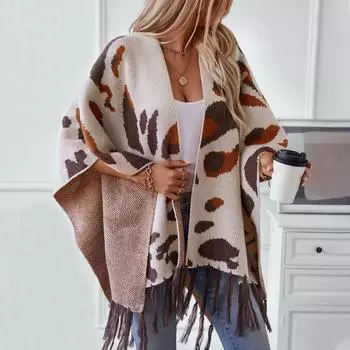 Осень и зима Женский леопардовый свободный рукав летучая мышь плащ кардиган трикотаж свитер с V-образным вырезом One Size абрикосовый